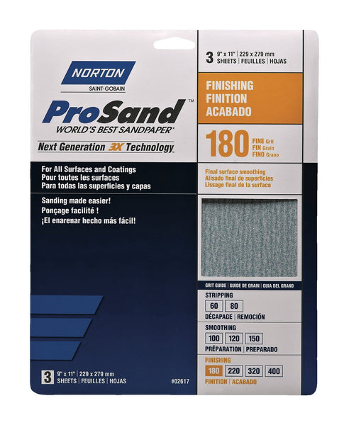Norton ProSand 11 in. L x 9 in. W 180 Grit Aluminum Oxide Sandpaper 3 pk