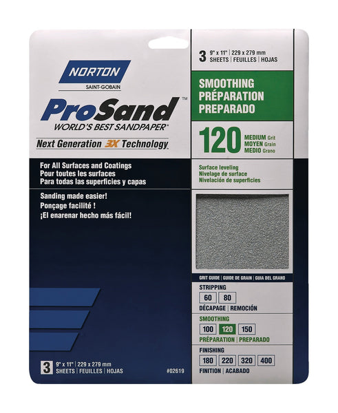 Norton ProSand 11 in. L x 9 in. W 120 Grit Aluminum Oxide Sandpaper 3 pk